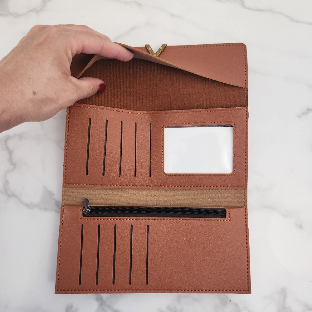 Brown Pu Leather Clutch Wallet With Gold V Accent - Picture 11 of 13